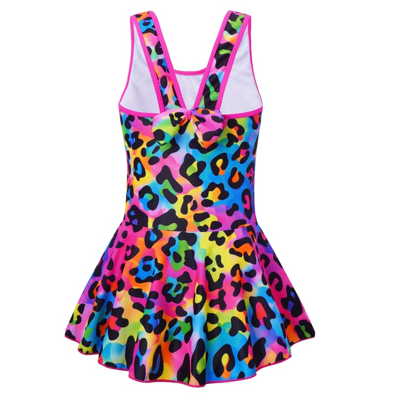 Akokvlar Girl One Piece Swimsuit with Skirt Bathing Suit Swimwear 3-16Y (6-7 Years, Rainbow Leopard) - Image 3