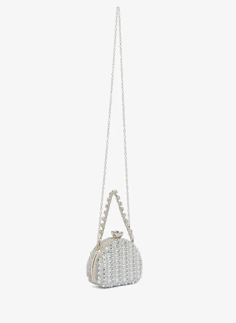 Khizana Embellished Detailed Clutch With Strap Silver