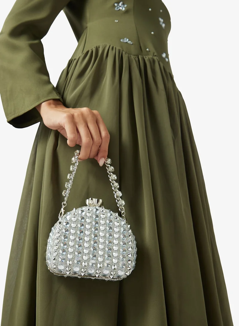 Embellished Detailed Clutch With Strap Silver
