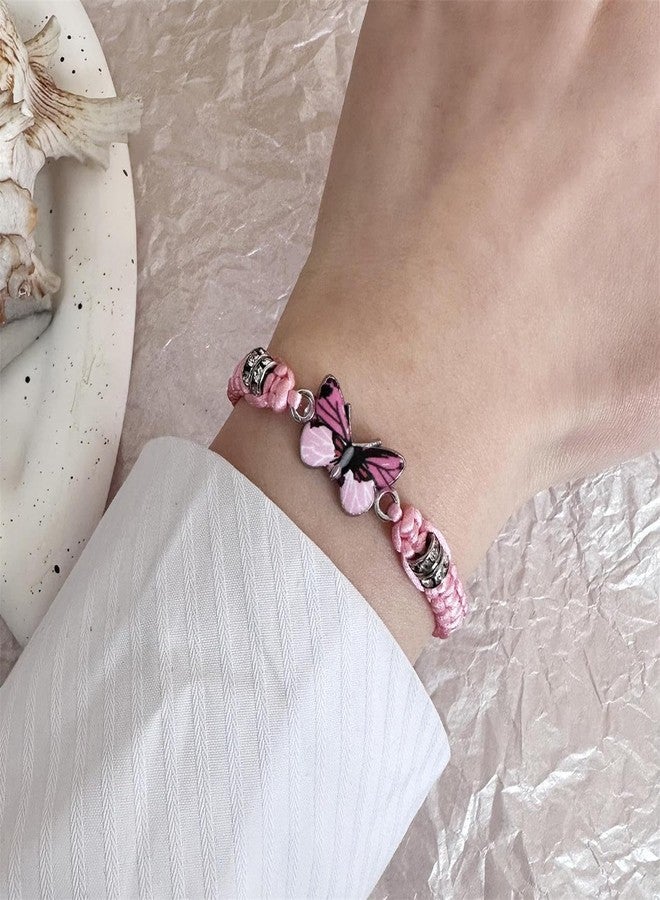 سوار فراشة RLHRNDE للنساء، هدية مصنوعة يدوياً، أساور مزينة بتعليقات فراشات ملونة، سوار فراشة الحظ، سوار صداقة قابل للتعديل، هدية عيد ميلاد (وردي) - Image 2