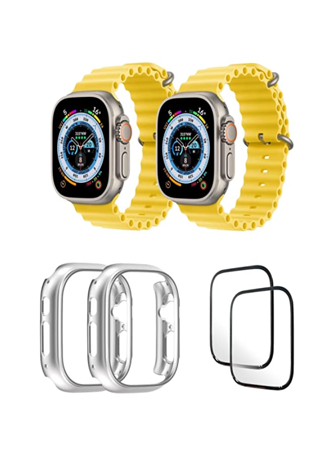 IAF Silicone Ocean Band Strap for Apple Watch Ultra 8 49mm Yellow/Yellow , Case Compatible with Apple Watch Ultra 49mm Silver/Silver , 2* pcs Watch glass Set of 6