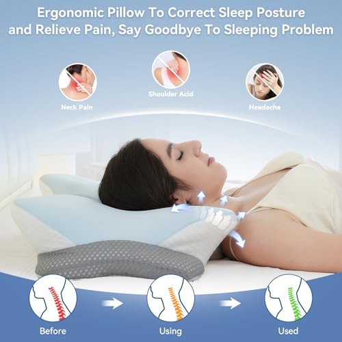 Zmarthumb Ergonomic Cervical Pillow for Neck Support, Memory Foam Orthopedic Contour Side Sleeper Pillows with Dual Heights, Soft Bed Pillow with Breathable Pillowcase for Back, Stomach Sleepers(Blue) - Image 3