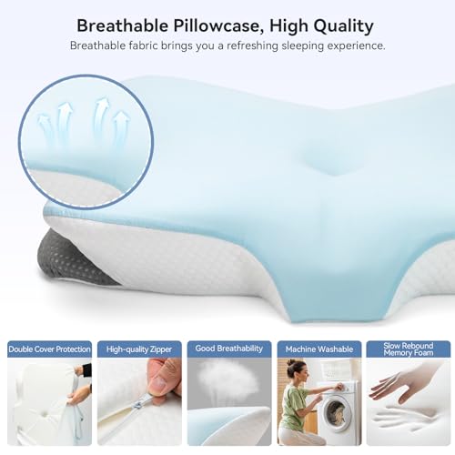 Zmarthumb Ergonomic Cervical Pillow for Neck Support, Memory Foam Orthopedic Contour Side Sleeper Pillows with Dual Heights, Soft Bed Pillow with Breathable Pillowcase for Back, Stomach Sleepers(Blue) - Image 5