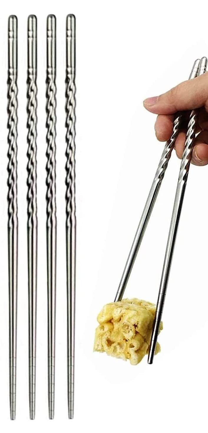 RIANZ Twisted Spiral Metal Stainless Steel Reusable Chopsticks 2 Pairs - Image 1