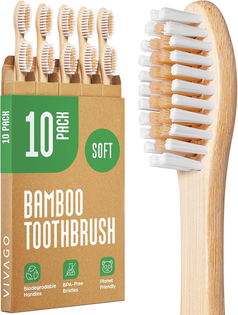 VIVAGO Biodegradable Bamboo Toothbrushes 10 Pack - BPA Free Soft Bristles Toothbrushes, Eco-Friendly, Compostable Natural Wooden Toothbrush - Image 1
