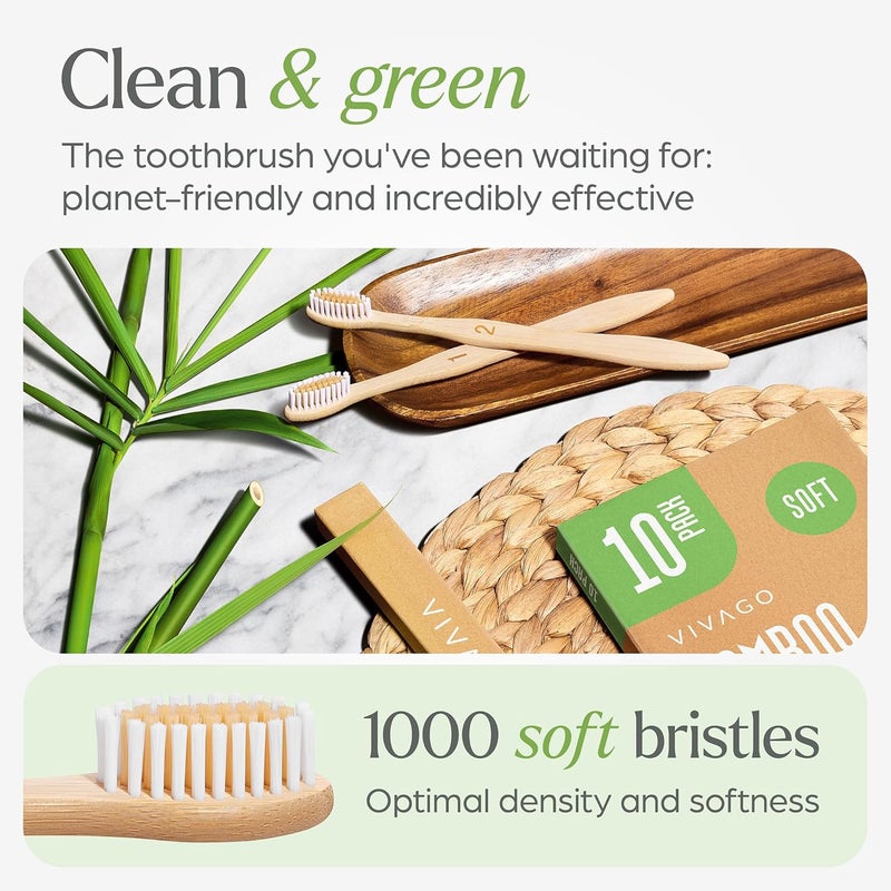 VIVAGO Biodegradable Bamboo Toothbrushes 10 Pack - BPA Free Soft Bristles Toothbrushes, Eco-Friendly, Compostable Natural Wooden Toothbrush - Image 2
