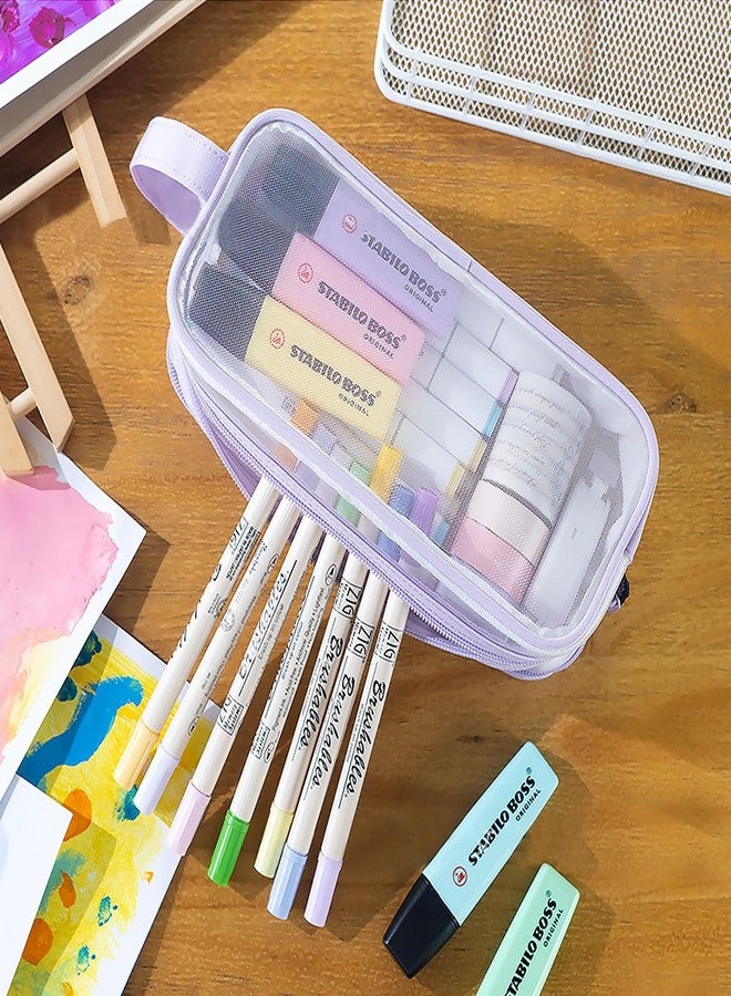 MAMUNU Large Grid Mesh Pencil Case 2 Compartments, Clear Pen Pencil Pouch with Zipper, Multifunction Transparent Stationery Bag for Student College Office Teen Boys Girls Makeup Bag for Adult Travel (Purple) - Image 2