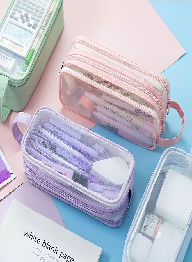 MAMUNU Large Grid Mesh Pencil Case 2 Compartments, Clear Pen Pencil Pouch with Zipper, Multifunction Transparent Stationery Bag for Student College Office Teen Boys Girls Makeup Bag for Adult Travel (Purple) - Image 3