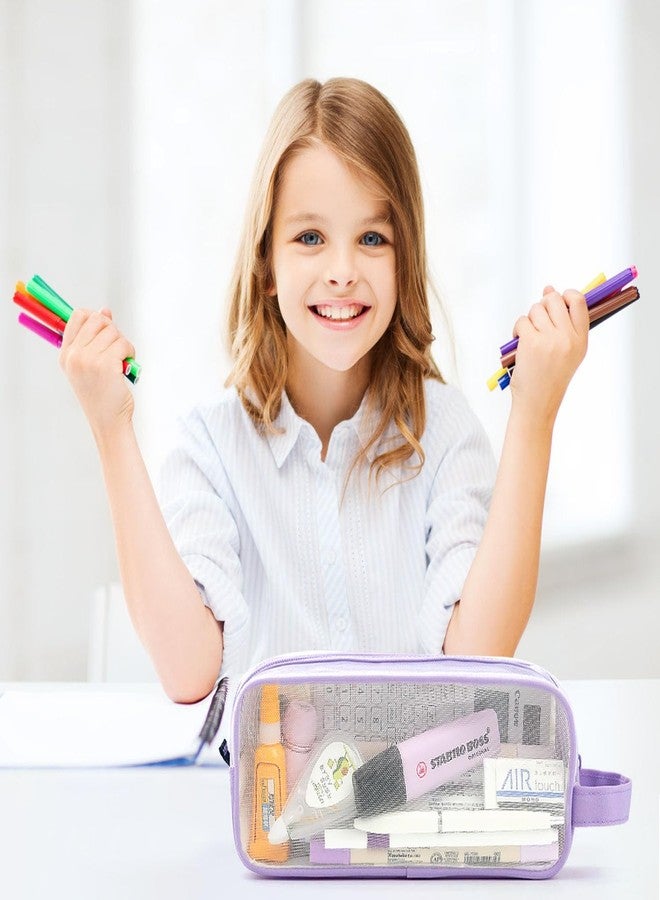 MAMUNU Large Grid Mesh Pencil Case 2 Compartments, Clear Pen Pencil Pouch with Zipper, Multifunction Transparent Stationery Bag for Student College Office Teen Boys Girls Makeup Bag for Adult Travel (Purple) - Image 5