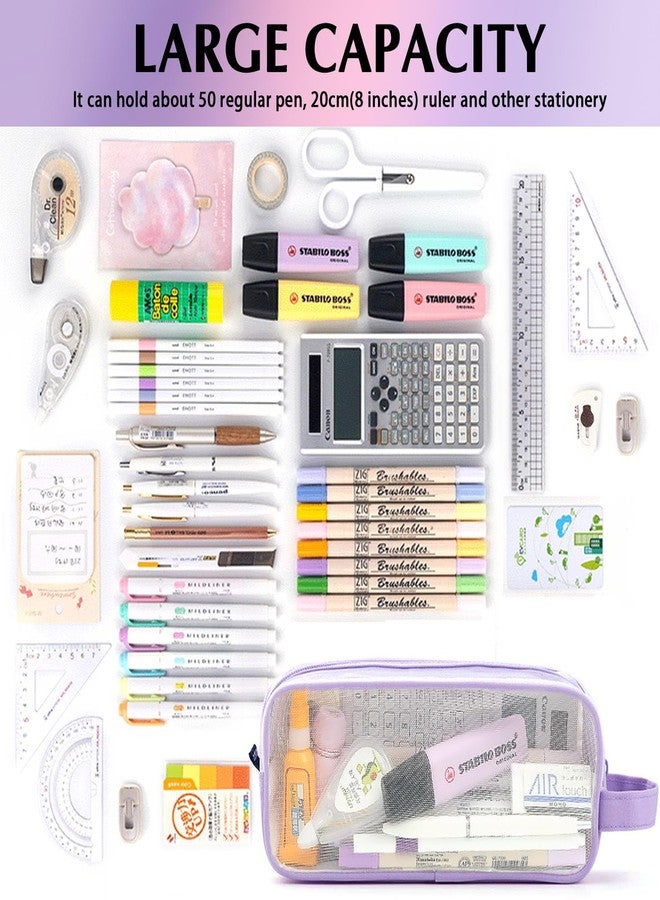 MAMUNU Large Grid Mesh Pencil Case 2 Compartments, Clear Pen Pencil Pouch with Zipper, Multifunction Transparent Stationery Bag for Student College Office Teen Boys Girls Makeup Bag for Adult Travel (Purple) - Image 4