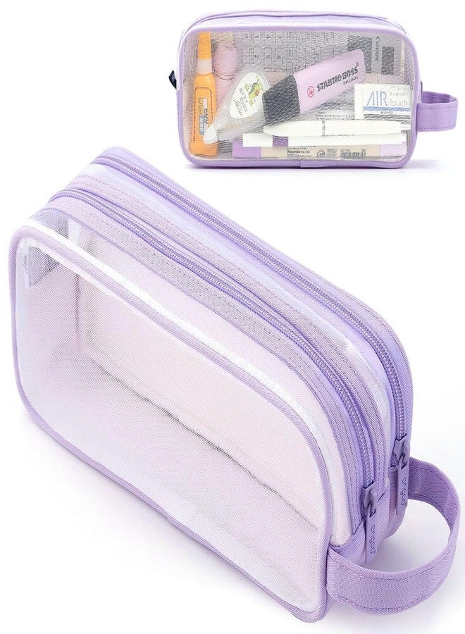 MAMUNU Large Grid Mesh Pencil Case 2 Compartments, Clear Pen Pencil Pouch with Zipper, Multifunction Transparent Stationery Bag for Student College Office Teen Boys Girls Makeup Bag for Adult Travel (Purple) - Image 1