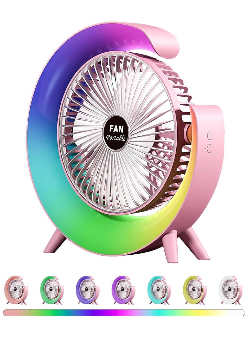 DIGI CORE Desk Fan USB Desk Fan Silent Powerful, Desk Fans with LED Light, 3 Speeds Quiet Cooling & 180° Rotation, 4000mAh Battery Rechargeable Colorful Table Fan For Bedroom Home Office, Pink - Image 1