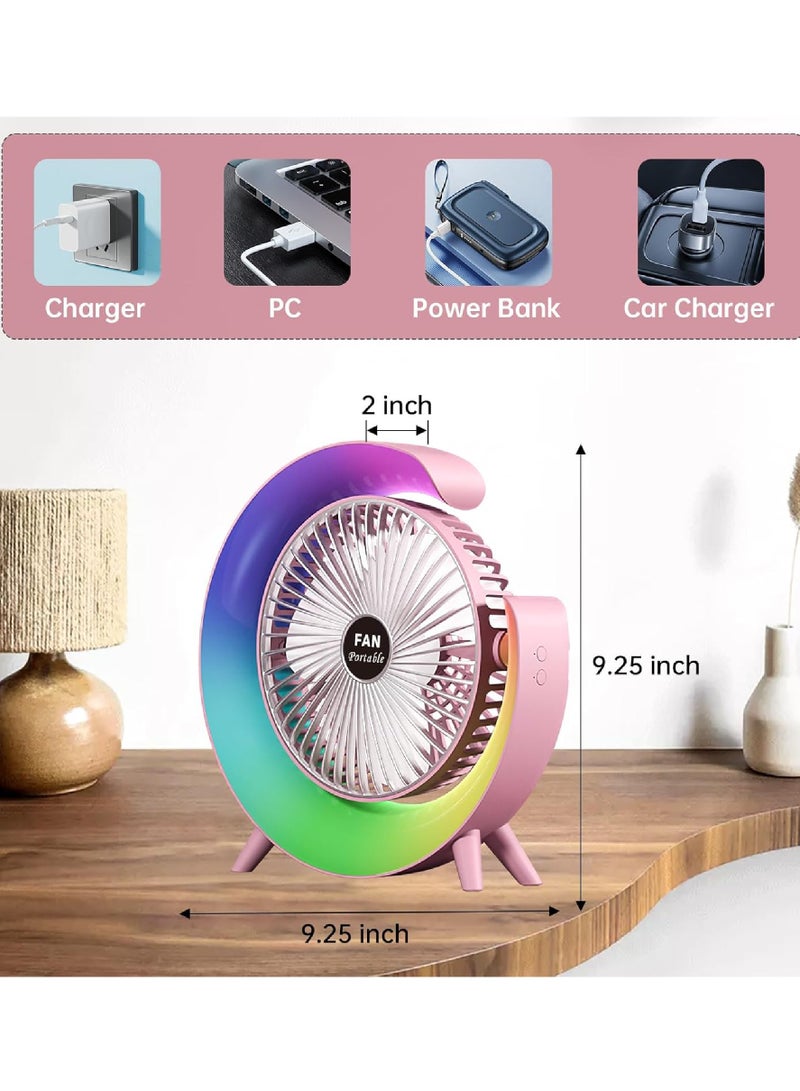 DIGI CORE Desk Fan USB Desk Fan Silent Powerful, Desk Fans with LED Light, 3 Speeds Quiet Cooling & 180° Rotation, 4000mAh Battery Rechargeable Colorful Table Fan For Bedroom Home Office, Pink - Image 2