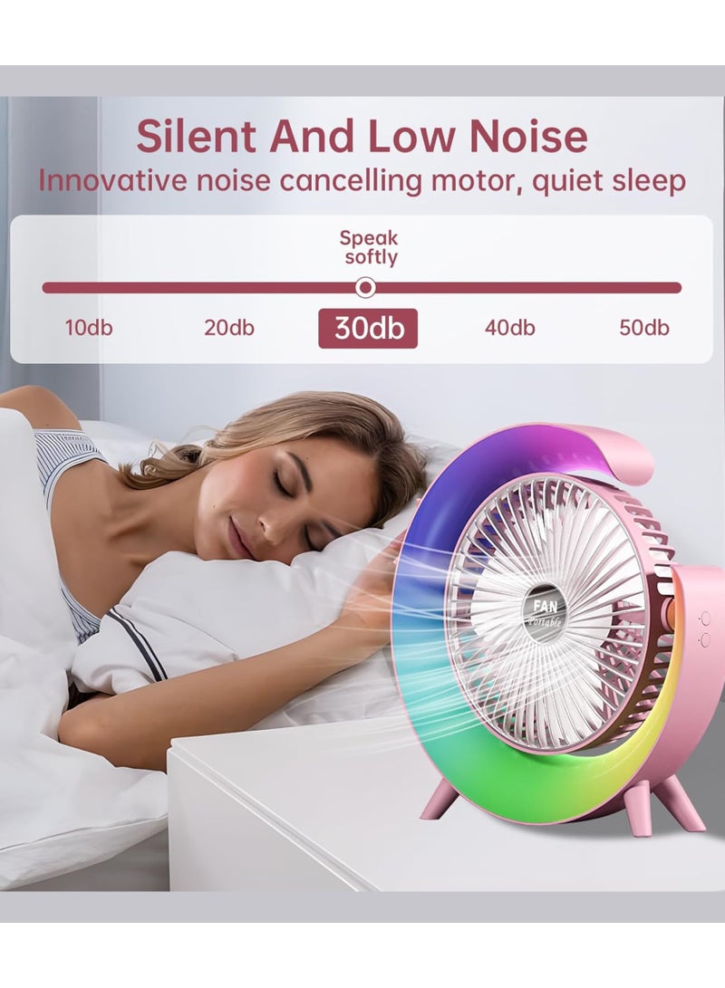 DIGI CORE Desk Fan USB Desk Fan Silent Powerful, Desk Fans with LED Light, 3 Speeds Quiet Cooling & 180° Rotation, 4000mAh Battery Rechargeable Colorful Table Fan For Bedroom Home Office, Pink - Image 4