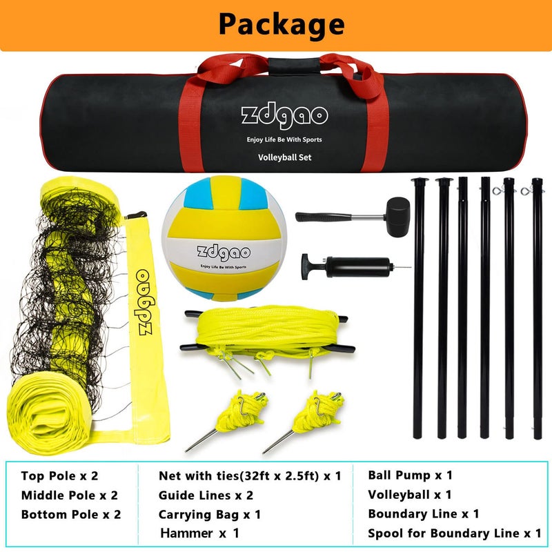 Zdgao Outdoor Portable Volleyball Net System - Adjustable Height Poles with Soft Volleyball Ball, Pump, Hammer, Boundary Line, and Carry Bag for Backyard, Beach, Lawn - Image 2