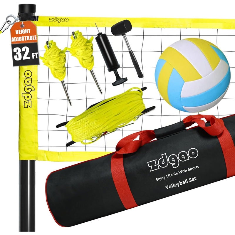 Zdgao Outdoor Portable Volleyball Net System - Adjustable Height Poles with Soft Volleyball Ball, Pump, Hammer, Boundary Line, and Carry Bag for Backyard, Beach, Lawn - Image 1
