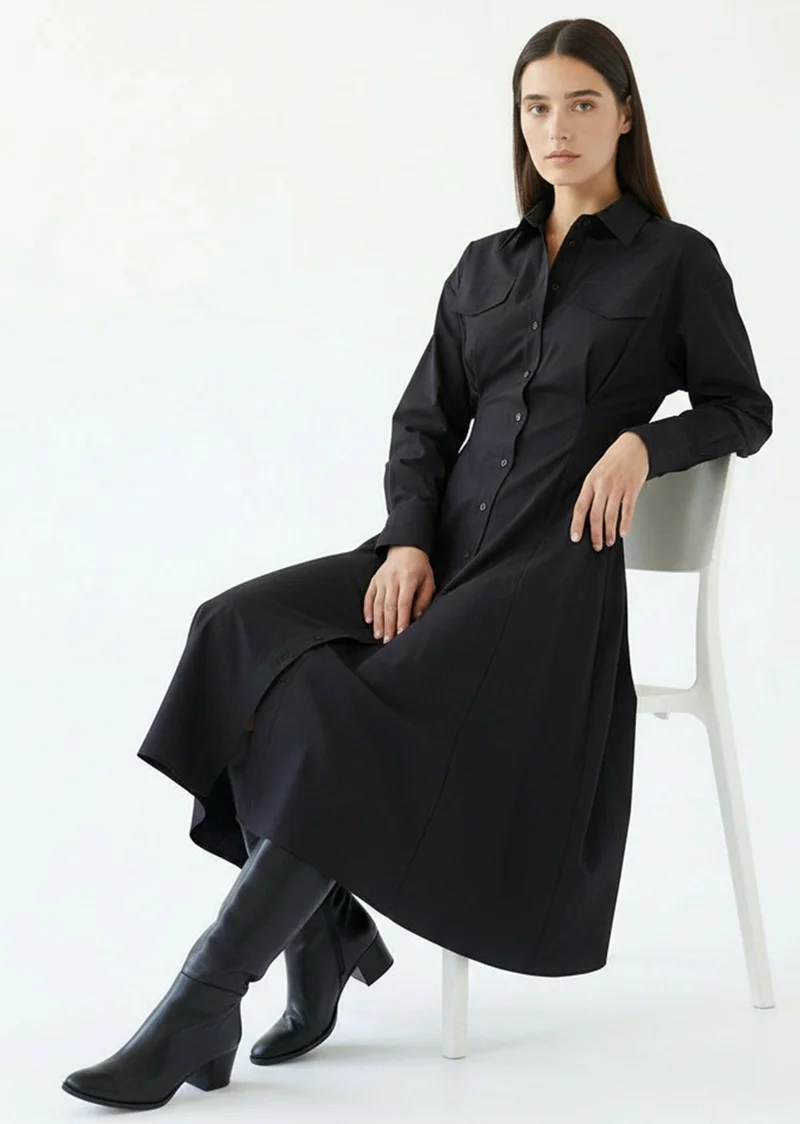 EXQUISE Shirt Collar Long Sleeve Black Slim Fit Midi Dress