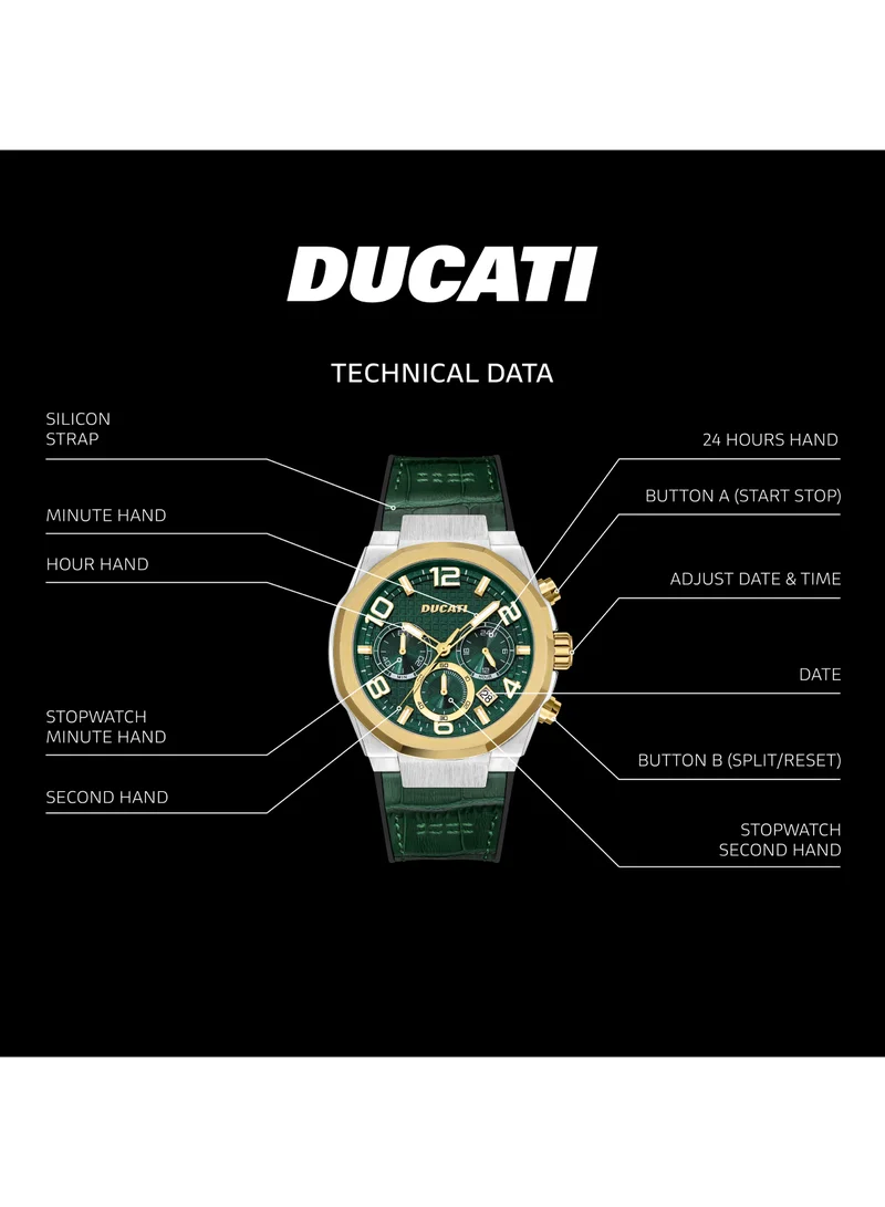 Ducati DT006 Gents 43.5mm Chronograph Watch with Green Multi-Layered Dial & Green Leather Silicone Strap