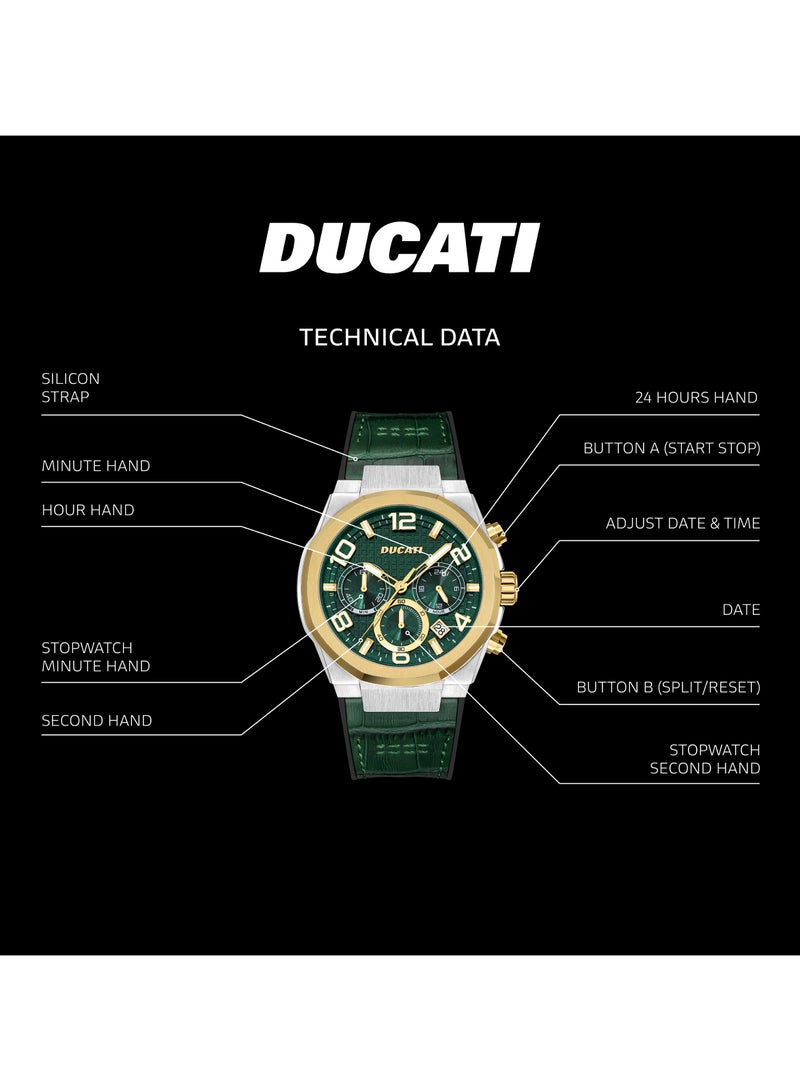 Ducati DT006 Gents 43.5mm Chronograph Watch with Green Multi-Layered Dial & Green Leather Silicone Strap - Image 4
