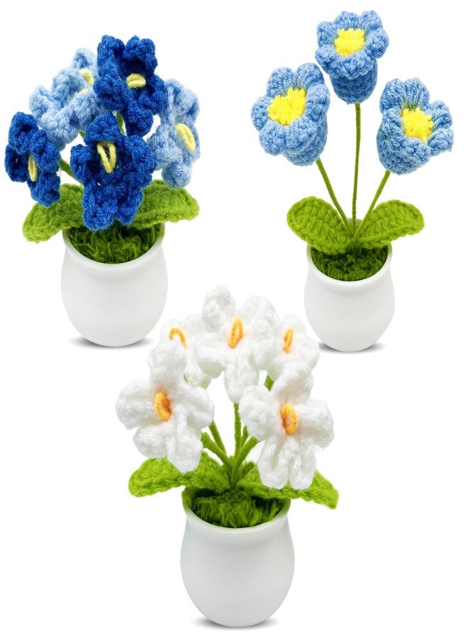 Jusen 3pcs Crochet Flowers Cute Potted Flower,Mini Flower Bouquet for Mom Wife, Cute Desk Decor for Women,Artificial Handmade Flowers for Car Dashboard,Home Office Decoration (Color#3) - Image 1