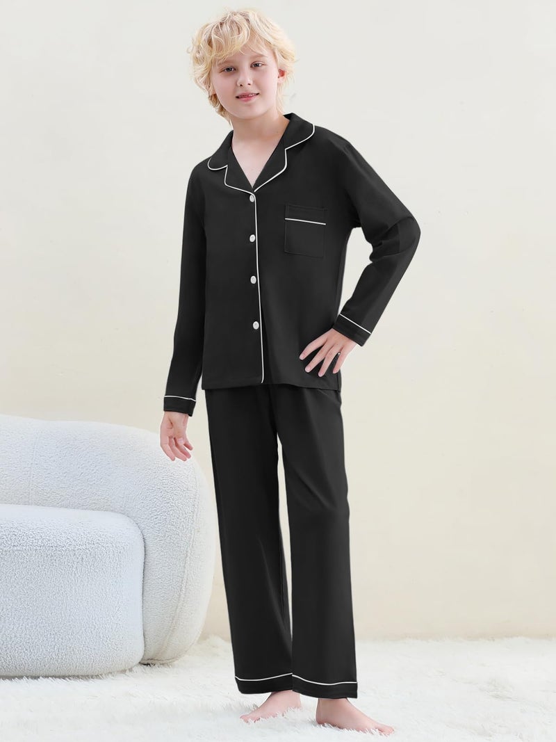 Umeyda Boys Cotton Pajamas Set Kids Boys Long Sleeve Top and Pants Sleepwear 2 Pcs Pj Button-Up Classic & Comfy Jammies, Black, for Ages 9-10 Years = Tag 150 - Image 2