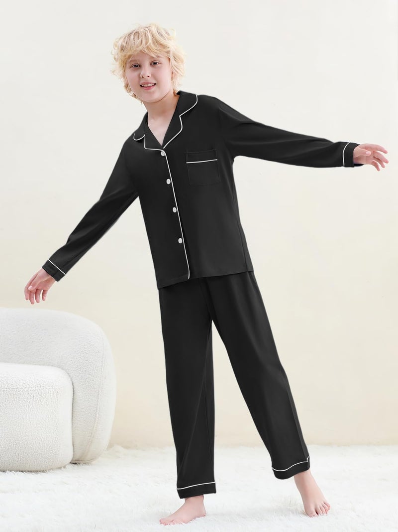 Umeyda Boys Cotton Pajamas Set Kids Boys Long Sleeve Top and Pants Sleepwear 2 Pcs Pj Button-Up Classic & Comfy Jammies, Black, for Ages 9-10 Years = Tag 150 - Image 3