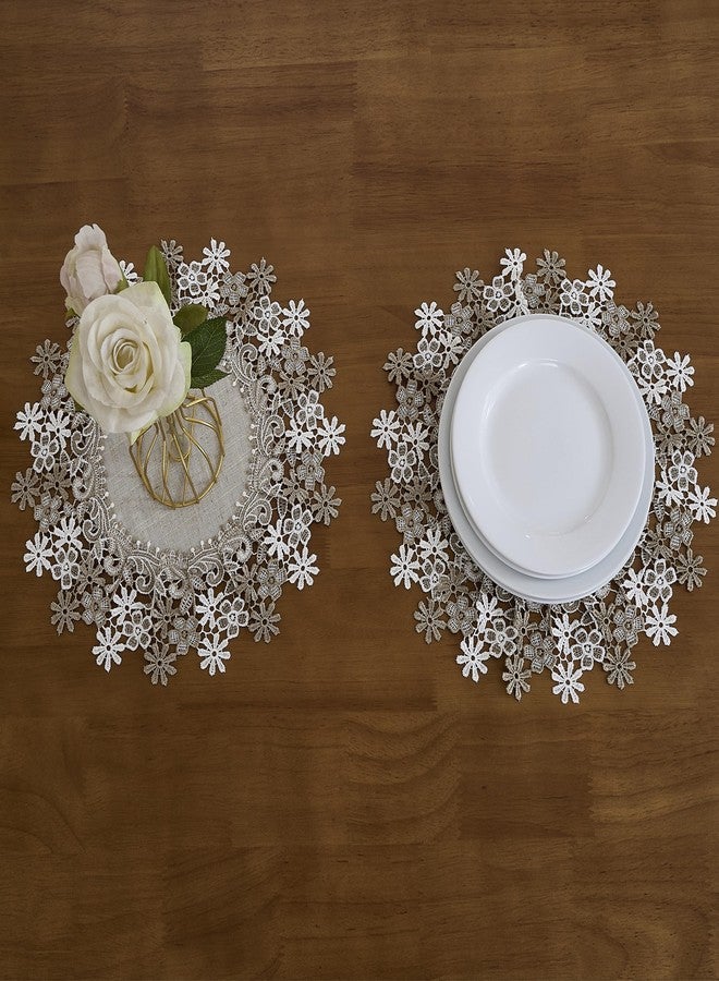 Winotic Natural Neutral Earth Tones Beige Floral Lace Round 15” placemats Set of 2 Doily Table Topper Dresser Scarf Place Mats (Set of 2, 15” Round) - Image 2