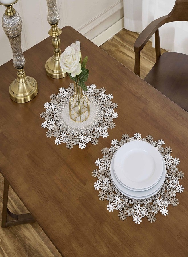 Winotic Natural Neutral Earth Tones Beige Floral Lace Round 15” placemats Set of 2 Doily Table Topper Dresser Scarf Place Mats (Set of 2, 15” Round) - Image 3