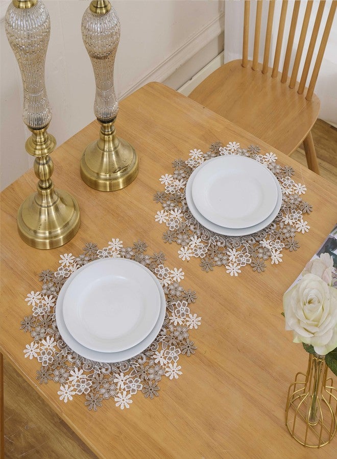 Winotic Natural Neutral Earth Tones Beige Floral Lace Round 15” placemats Set of 2 Doily Table Topper Dresser Scarf Place Mats (Set of 2, 15” Round) - Image 4
