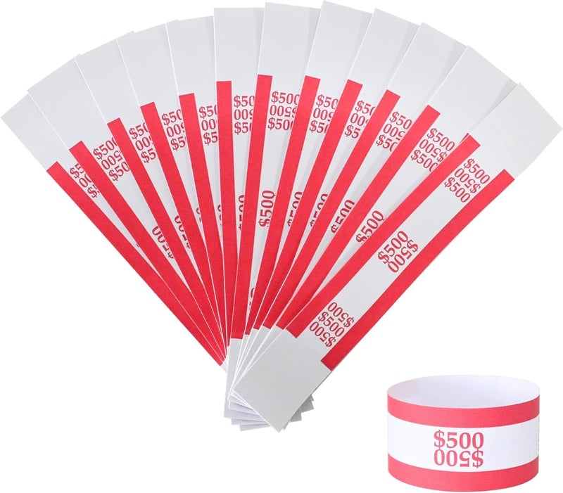 Y essential Store Currency Straps â€“ Bill Wrappers, Money Bands to Organize Bills, ABA Standard Colors, Self-Adhesive, 7.5 x 1.15 Inches (Red-$500) - Image 1