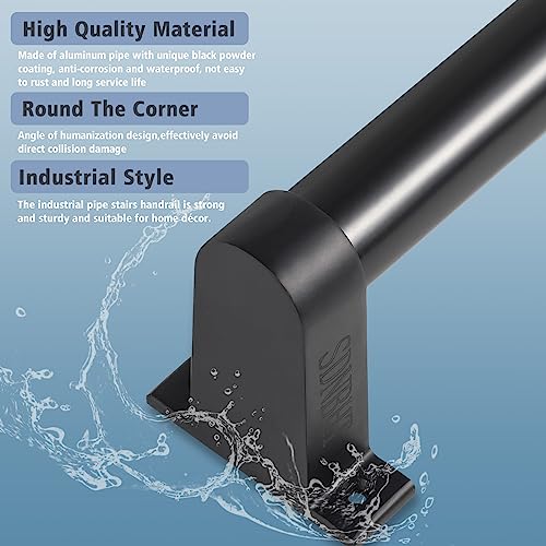 SDNBHT Industrial Stair Railing Metal Hand Rails for Indoor Stairs Wall Mount Staircase Handrails 1.5" Pipe Stair Handrail for Steps Black Aluminum Stairway Railing for Outdoor & Indoor Stairs 5ft - Image 4