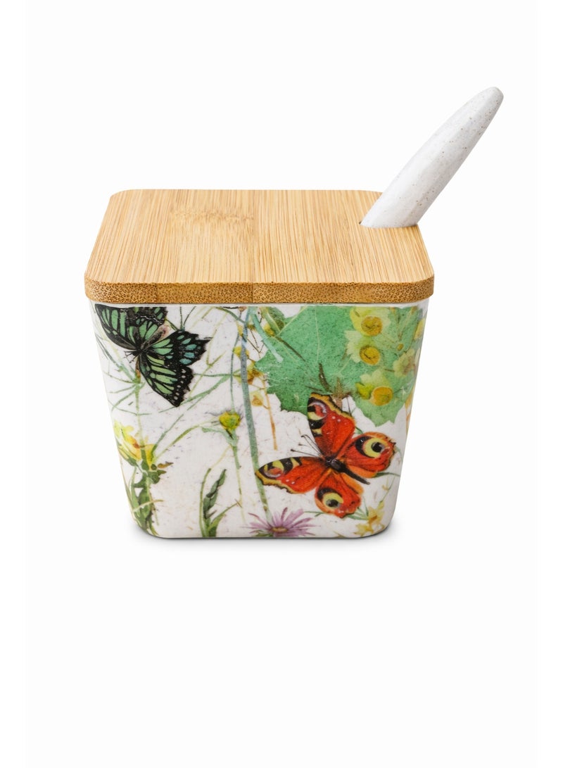 طقم أوعية بهارات من الخيزران والميلامين مع صينية، 4 أوعية توابل مع أغطية خيزران وملاعق، منظم تخزين وتتقديم للمطبخ، متعدد الألوان (أبيض) - Image 2
