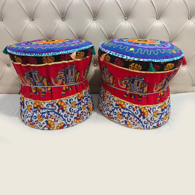 JainHouse Rajasthani MuddaBamboo Stool Cover Set of Two Footstool Bamboo Cover Multi Colour Mudda Ottoman Pouffe Cover Size 17x18 Inches Set of 2 Pieces Cover Only Elephant  - Image 1