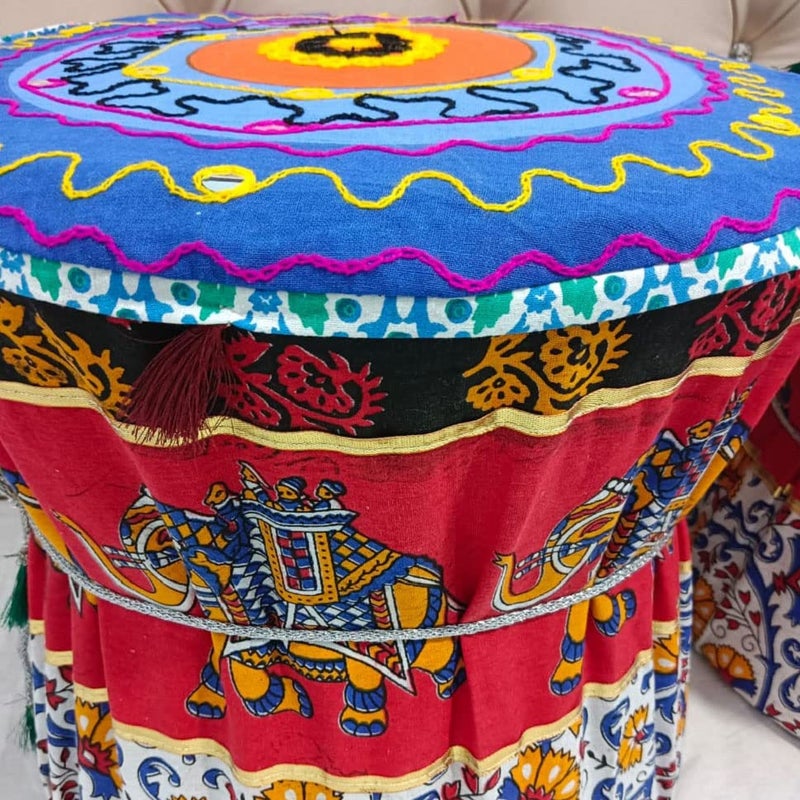 JainHouse Rajasthani MuddaBamboo Stool Cover Set of Two Footstool Bamboo Cover Multi Colour Mudda Ottoman Pouffe Cover Size 17x18 Inches Set of 2 Pieces Cover Only Elephant  - Image 3