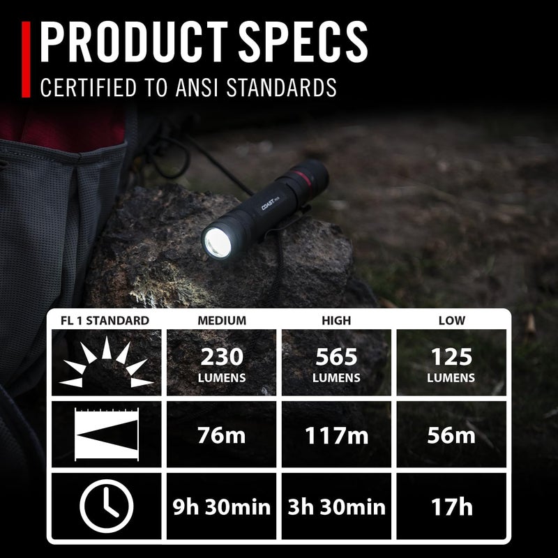 Coast PX1 565 Lumen Pure Beam Focusing LED Flashlight with Twist Focus and Adjustable Pocket Clip - Image 4