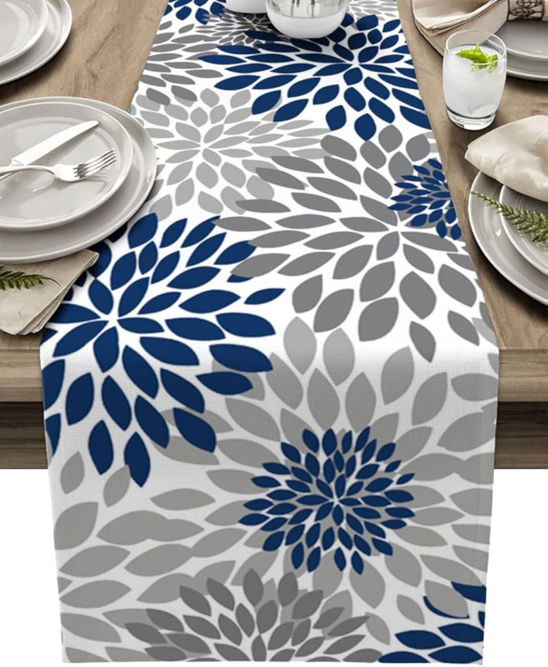 Flower Table Runner 72 Inches Long Farmhouse Table Runners,Dahlia Vintage Navy Blue Grey Flowers Non-Slip Table Dresser Runners for Living Room Bedroom Table Decoration