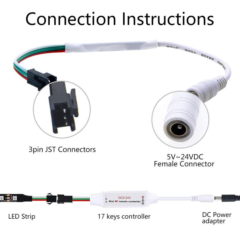 ALITOVE وحدة تحكم LED قابلة للعناوين ALITOVE WS2812B WS2811 مع جهاز تحكم عن بعد RF لاسلكي صغير 5~24V DC لشرائط إضاءة WS2812 WS2811 بألوان قوس قزح RGB، موصل 3 دبابيس JST، 200 وضع لون - Image 2