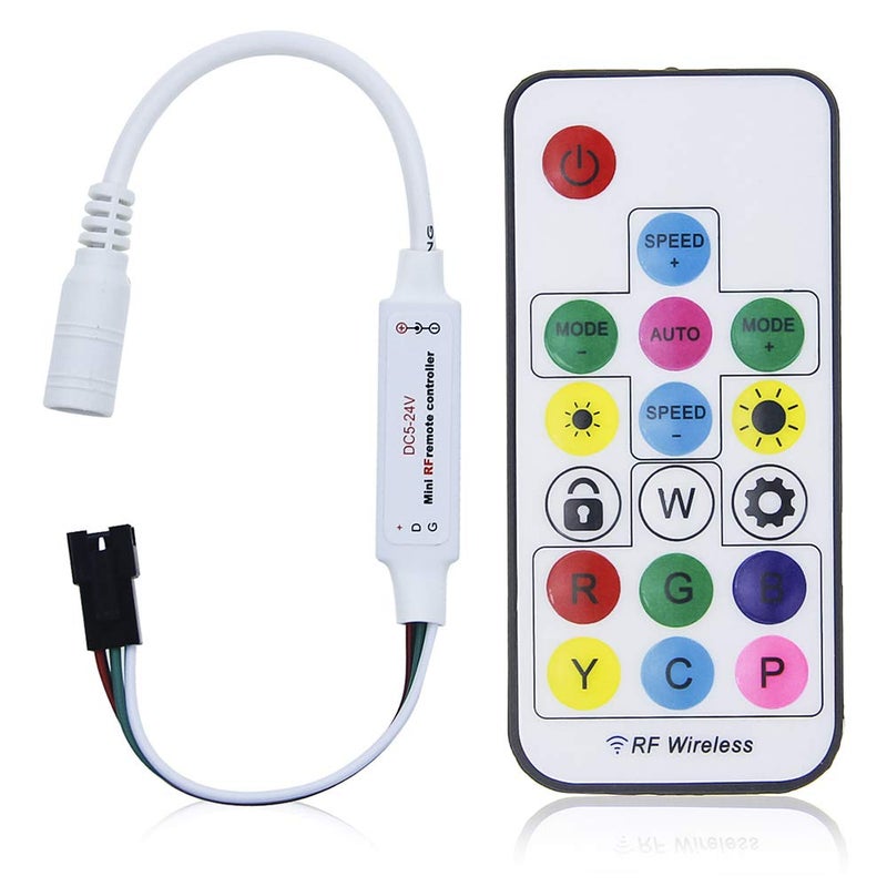 ALITOVE وحدة تحكم LED قابلة للعناوين ALITOVE WS2812B WS2811 مع جهاز تحكم عن بعد RF لاسلكي صغير 5~24V DC لشرائط إضاءة WS2812 WS2811 بألوان قوس قزح RGB، موصل 3 دبابيس JST، 200 وضع لون - Image 1
