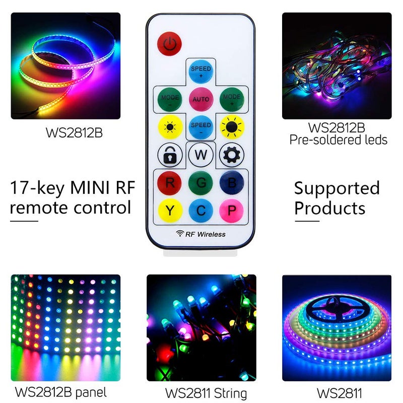 ALITOVE وحدة تحكم LED قابلة للعناوين ALITOVE WS2812B WS2811 مع جهاز تحكم عن بعد RF لاسلكي صغير 5~24V DC لشرائط إضاءة WS2812 WS2811 بألوان قوس قزح RGB، موصل 3 دبابيس JST، 200 وضع لون - Image 4
