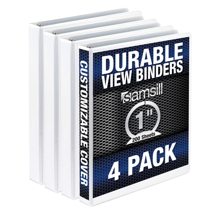 Samsill Durable 1 Inch Binder, Made in The USA, Round Ring Customizable Clear View Binder, White, 4 Pack (MP48437) - Image 1