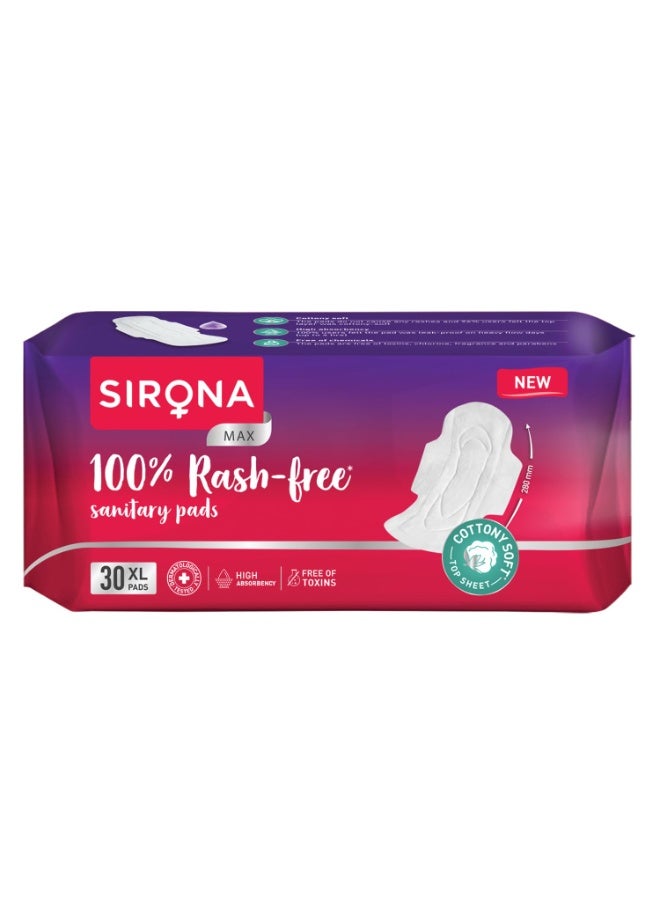 سيرونا فوط "سيرونا ماكس" (Sirona Max) الصحية للنساء | مقاس XL (عبوة تحتوي على 30 فوطة) | حماية تامة من الطفح الجلدي وخالية من المواد السامة | مصنوعة من القطن العضوي | حماية فائقة تمنع التسرب تماماً، مريحة وعالية الامتصاص - Image 1
