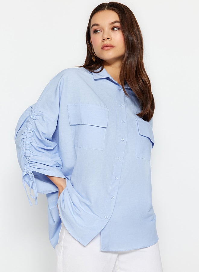 trendyol Light Blue Woven Shirt with Adjustable Gathering Detail on Sleeves TCTSS23TG00011 - Image 2