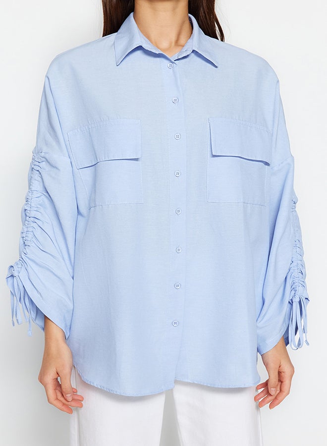 trendyol Light Blue Woven Shirt with Adjustable Gathering Detail on Sleeves TCTSS23TG00011 - Image 4