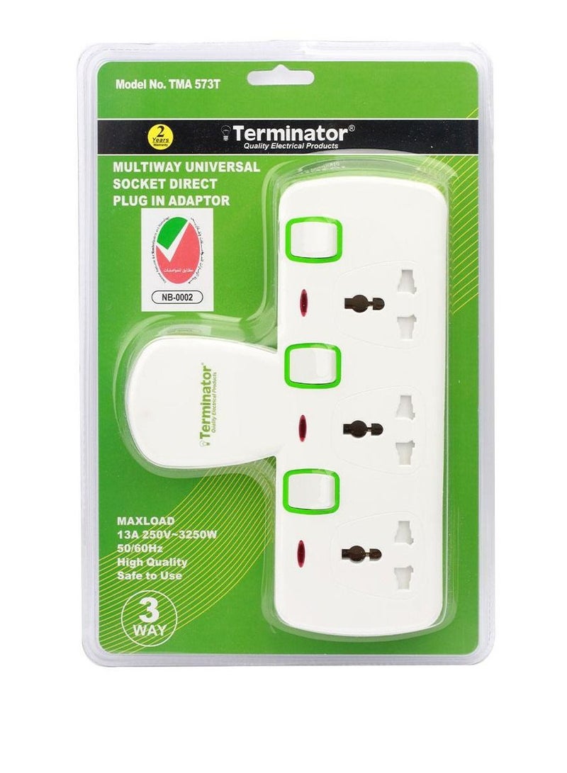 Terminator 3-Way Universal Multi Adaptor T-Type Socket White/Green  - Image 3