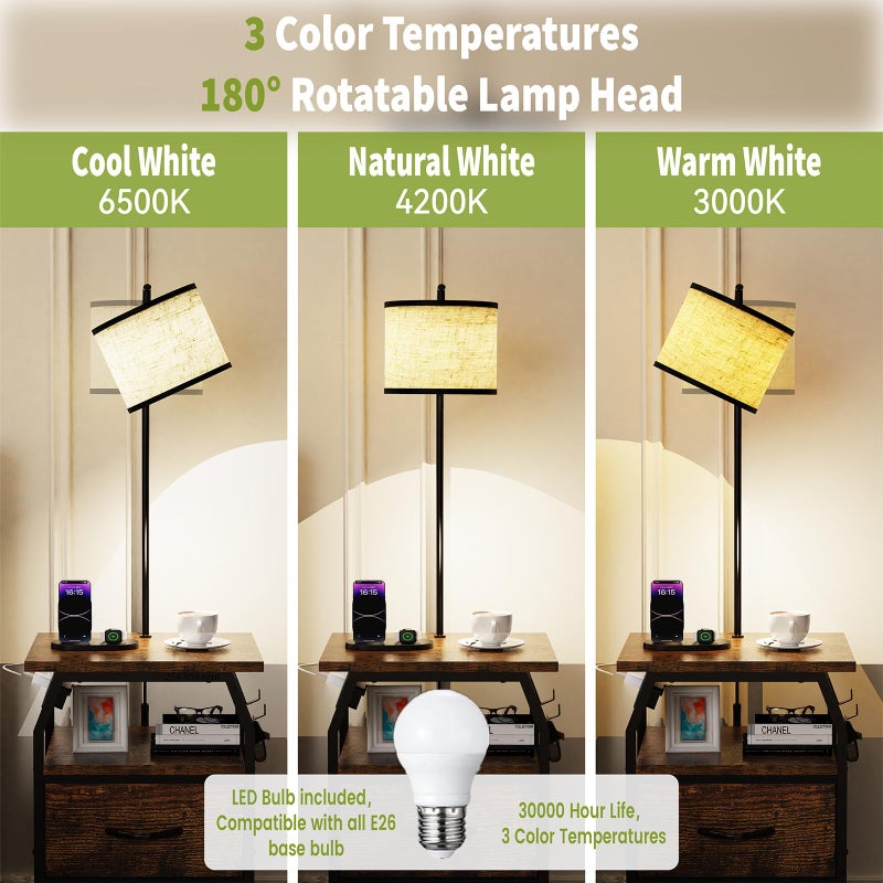 runjuly Floor Lamp with Table, End Tables with Lamps Attached 3-Color Temperature Bulb, Side Table with Lamp with 2 Drawers & Charging, Lamps Tables Combo for Bedroom, Dorm, Apartment - Rustic Brown - Image 3