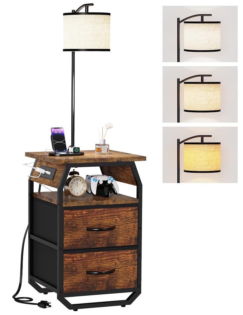 runjuly Floor Lamp with Table, End Tables with Lamps Attached 3-Color Temperature Bulb, Side Table with Lamp with 2 Drawers & Charging, Lamps Tables Combo for Bedroom, Dorm, Apartment - Rustic Brown - Image 1