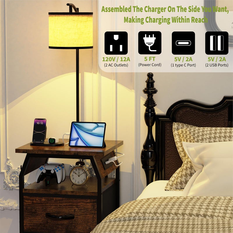 runjuly Floor Lamp with Table, End Tables with Lamps Attached 3-Color Temperature Bulb, Side Table with Lamp with 2 Drawers & Charging, Lamps Tables Combo for Bedroom, Dorm, Apartment - Rustic Brown - Image 4
