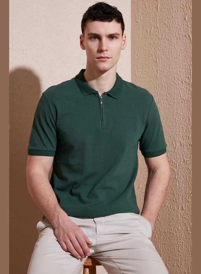 بوراتي تيشيرت بولو رجالي قطن بياقة سحاب نصفي مقاس عادي