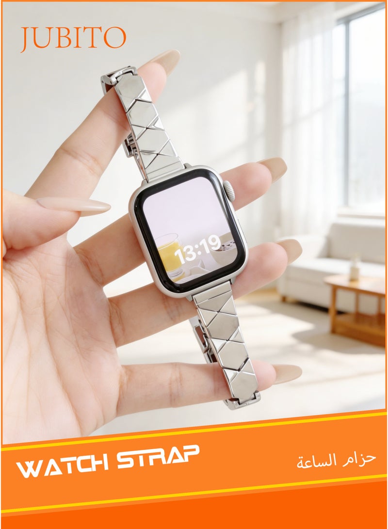 JUBITO watch strap, 42mm, for women, silver metallic diamond pattern, for Apple iWatch S10/11 (Starlight color) - Image 1