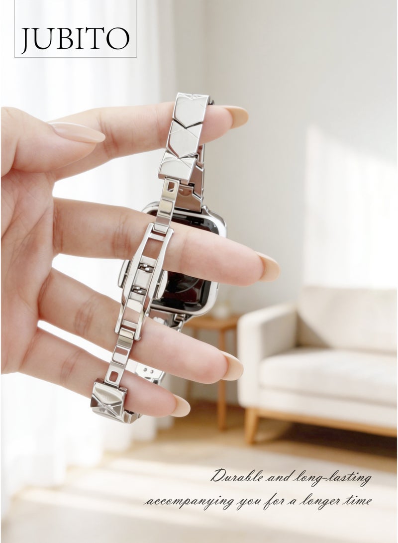 JUBITO watch strap, 42mm, for women, silver metallic diamond pattern, for Apple iWatch S10/11 (Starlight color) - Image 2